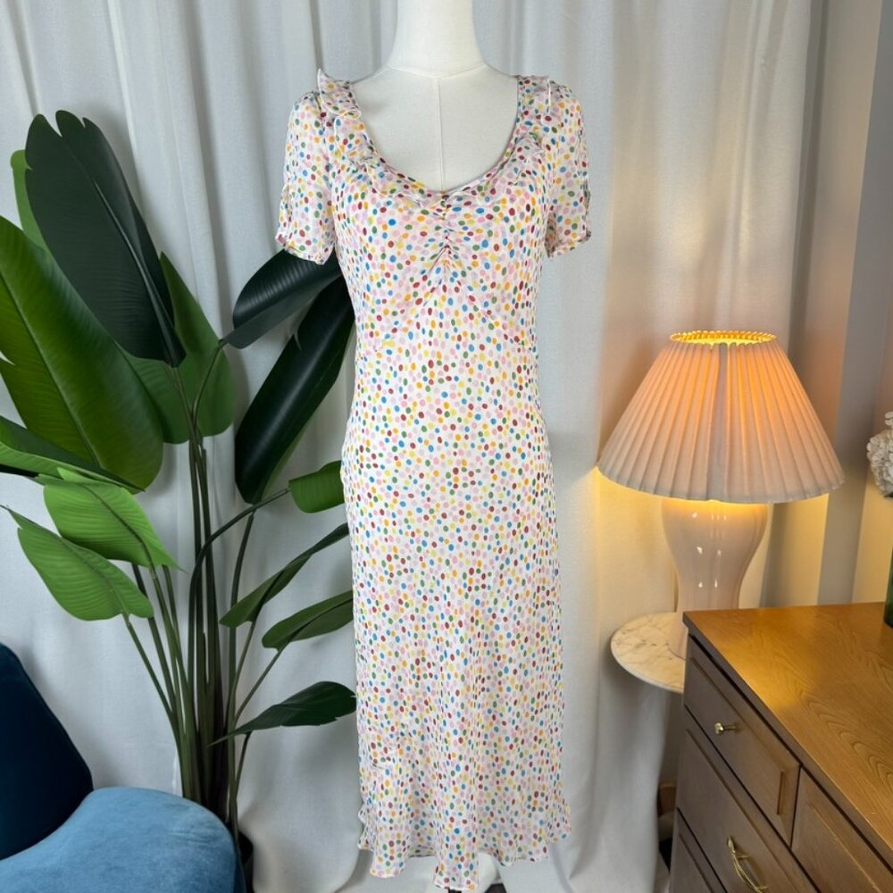 Vintage Y2K 100% Silk Polka Dot Midi Bias-Cut Princess Seam Dress size 10